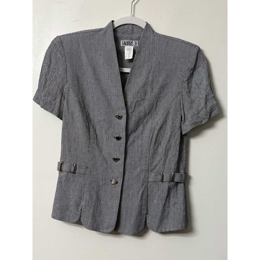 Vintage Taurus 2 Microcheck Short Sleeve Blazer 4P Made USA Shoulder pads Career